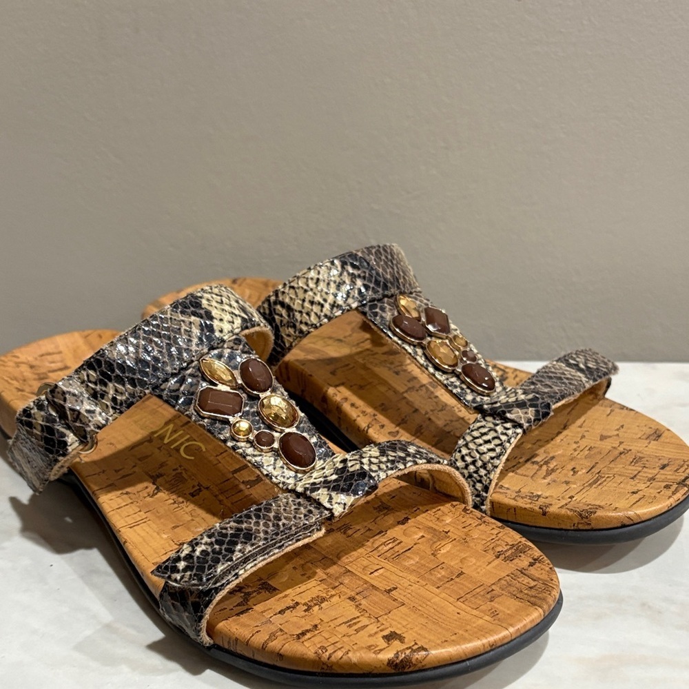 Vionic Snakeskin Slide Sandals with Gemstone Accents Size 10